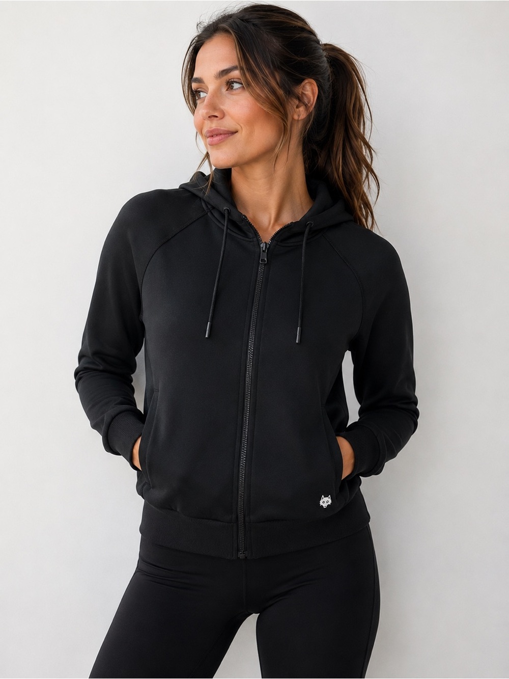 Greyson Kristina Full Zip Hoodie Black Scuba Knit Cropped Athleisure Jacket L